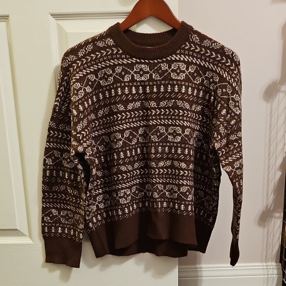 OAK + FORT Brown and Cream Patterned Crewneck Sweater